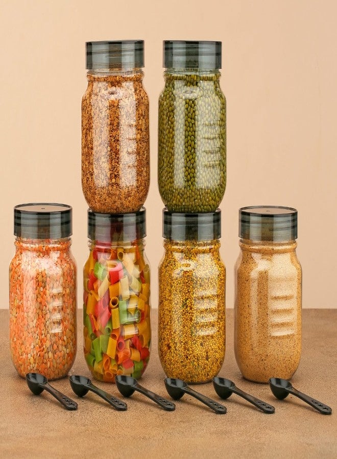 هابي علب تخزين بلاستيكية شفافة متعددة الأغراض وغير قابلة للكسر من هابي للمطبخ، علبة ماسالا محكمة الإغلاق، علبة توابل، حبوب، فواكه مجففة، سعة 750 مل مع ملاعق (مجموعة من 6 قطع - أسود) - Image 2